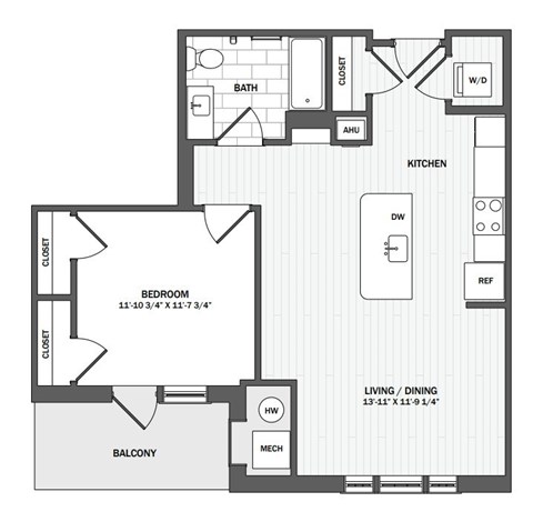 Floor plan for 1 bed, 1 bath, 763 sqft